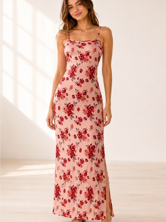 Forever 21 Dresses & Skirts - Forever 21 Pink Rose-Print Slip Dress / Feminine Floral Print Maxi Dress Size M